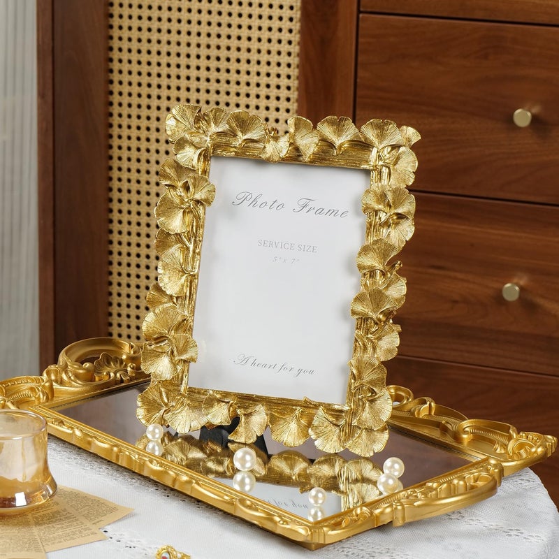 Cuspin 5x7 Picture Frame, Vintage Ornate Gold Resin Frame with Glass Front, Ginkgo Leaf Textured Photo Frame for Wall Hanging or Tabletop Display, Retro Design Home Decor Gift - Image 2