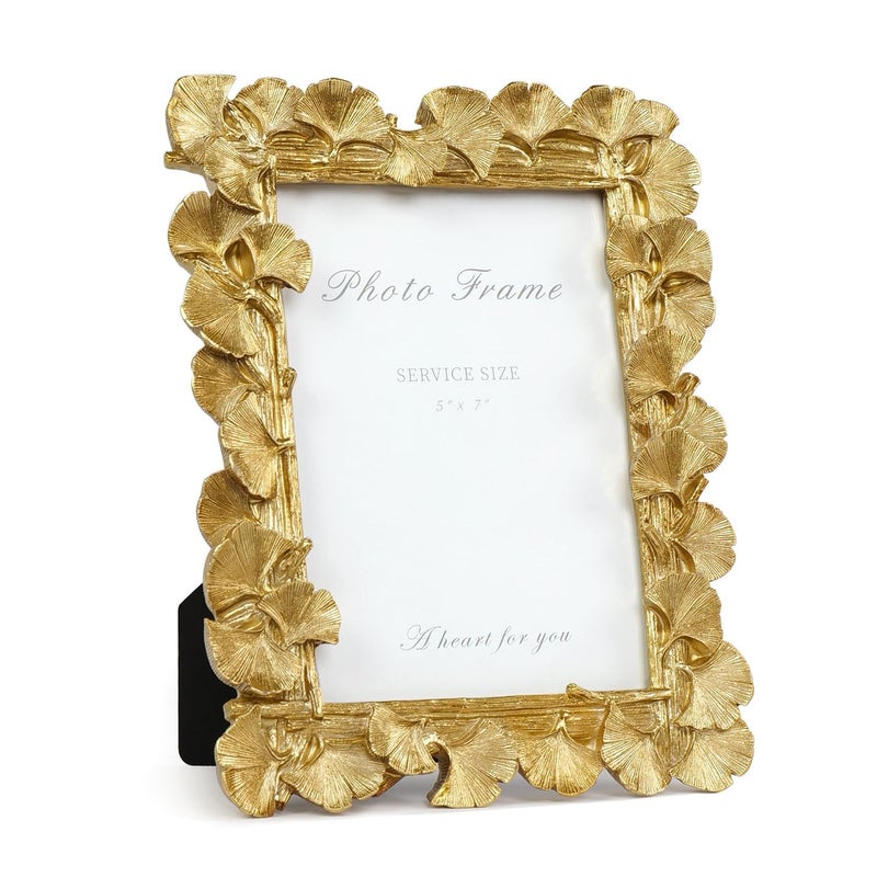 Cuspin 5x7 Picture Frame, Vintage Ornate Gold Resin Frame with Glass Front, Ginkgo Leaf Textured Photo Frame for Wall Hanging or Tabletop Display, Retro Design Home Decor Gift - Image 1