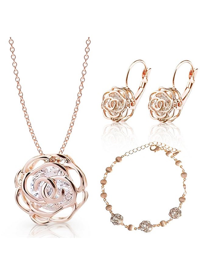 Crystalline Azuria Women 18K Rose Gold Plated White Crystal Roses Flower Set Necklace Earrings Bracelet For Women Wedding Party Bridal Bridesmaid Accessories  - Image 1