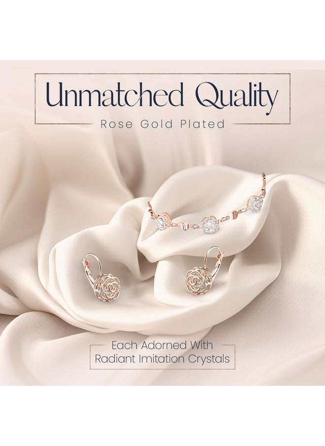 Crystalline Azuria Women 18K Rose Gold Plated White Crystal Roses Flower Set Necklace Earrings Bracelet For Women Wedding Party Bridal Bridesmaid Accessories  - Image 5