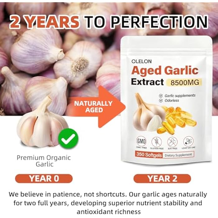 OLELON Aged Garlic Extract 350 Softgels - High Potency, Odorless, Non-GMO & Organic Garlic Supplement for Heart Health, Immune Support & Antioxidant Benefits - Image 2