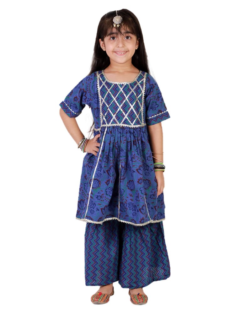 superminis Baby Girls Cotton Sanganeri Printed Frock Style Kurti with Printed Sharara Dress (5-6 Years, Blue) - Image 2