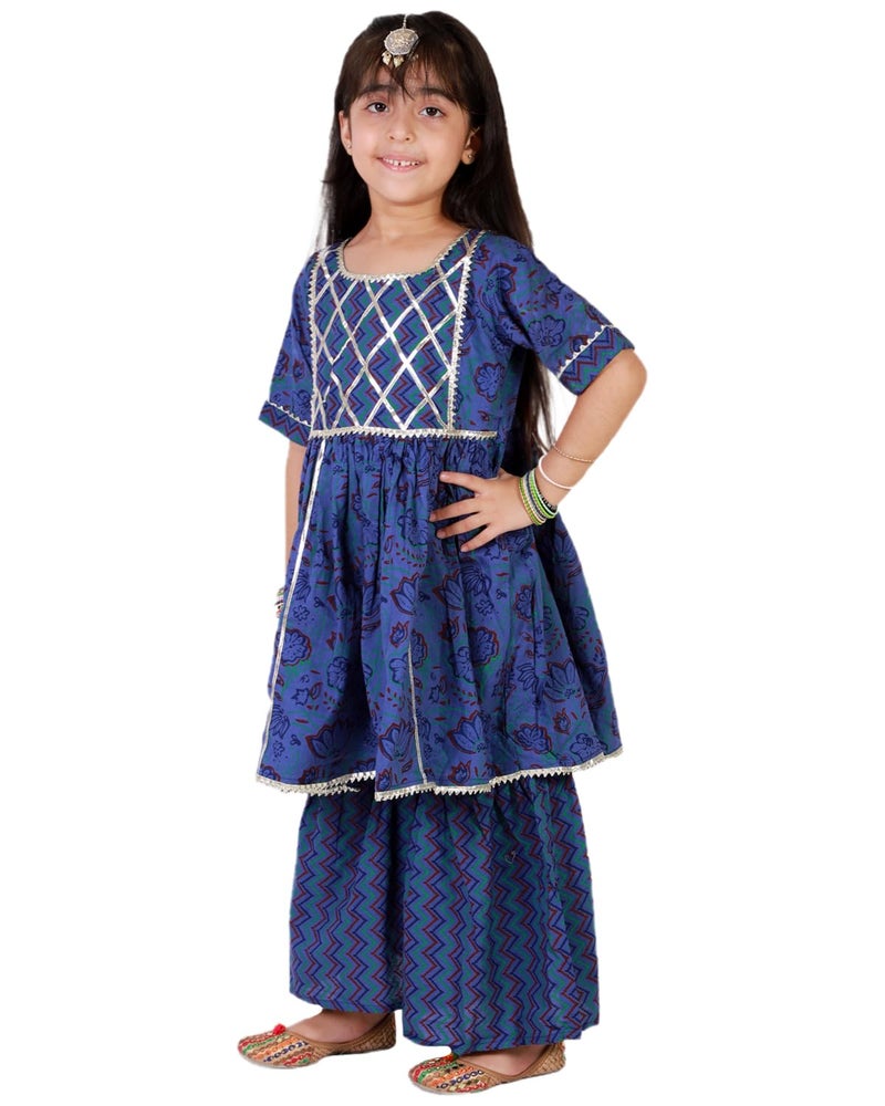 superminis Baby Girls Cotton Sanganeri Printed Frock Style Kurti with Printed Sharara Dress (5-6 Years, Blue) - Image 4