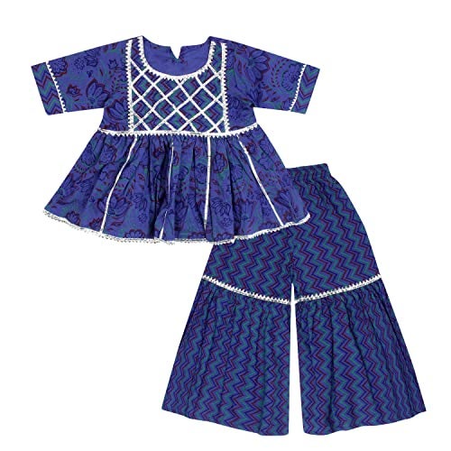 superminis Baby Girls Cotton Sanganeri Printed Frock Style Kurti with Printed Sharara Dress (5-6 Years, Blue) - Image 1