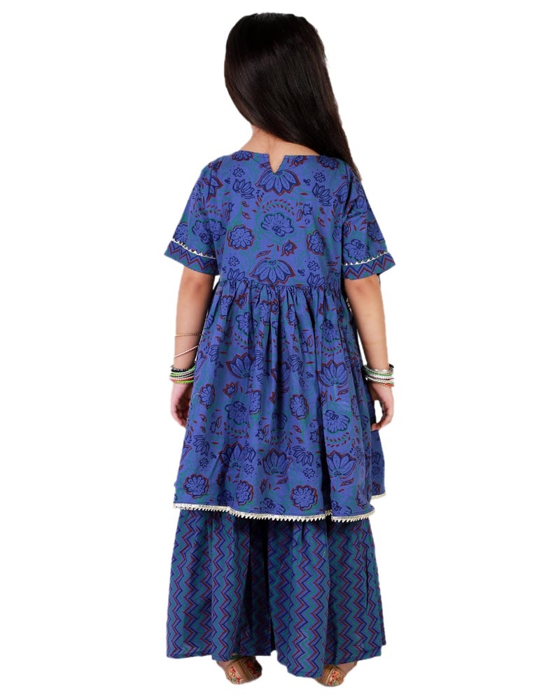 superminis Baby Girls Cotton Sanganeri Printed Frock Style Kurti with Printed Sharara Dress (5-6 Years, Blue) - Image 3