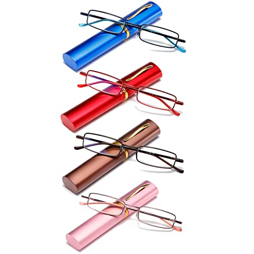 OWTXIS 4 Pack Slim Pen Reading Glasses for Men Women, Blue Light Blocking Compact Reader Glasses with Portable Clip Case, +1.50 - Image 1