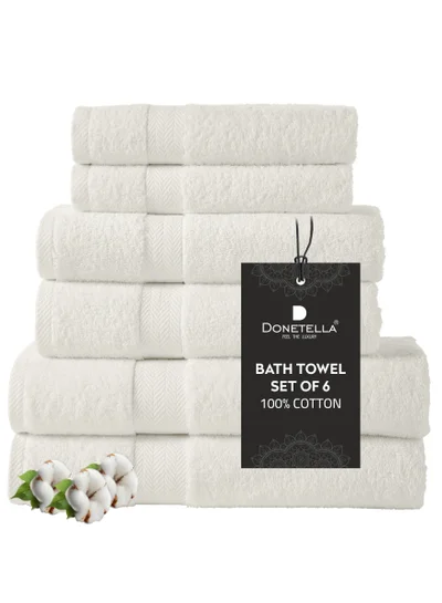 Donetella Premium Towel 6-Pcs Set, 100% Combed Cotton 600 GSM, Highly Absorbent, Quick Dry Towel Set Include 2 Bath Towel, 2 Bath Sheet, 2 Hand Towel, Best Set for Bathroom Gym, Hotel And Spa,Ivory