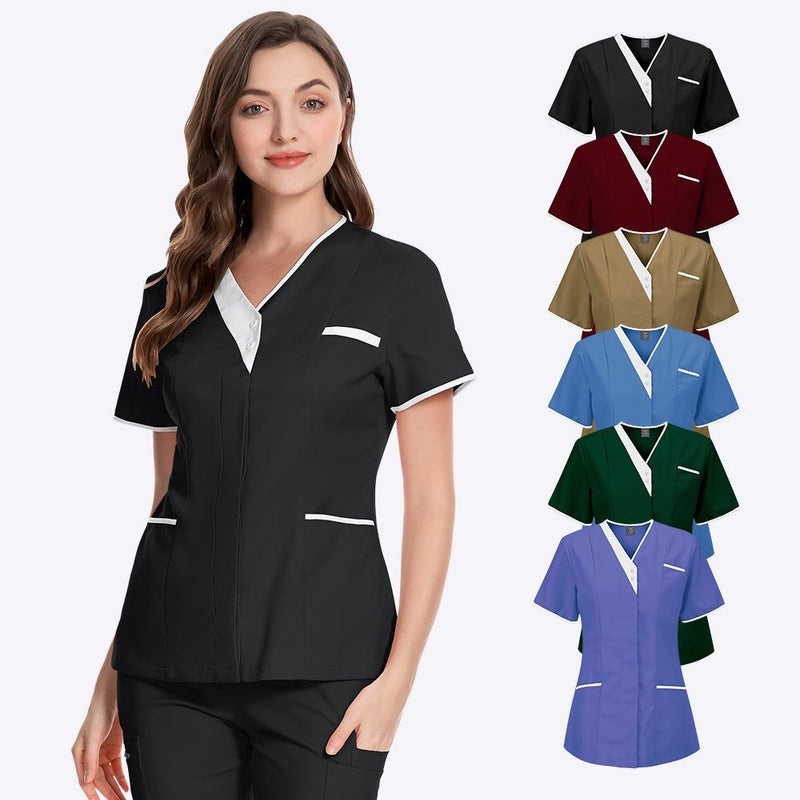 Women's Short Sleeve V-Neck Cotton Medical Scrub Top with Multiple Colors for Hospital Clinic Beauty Salon