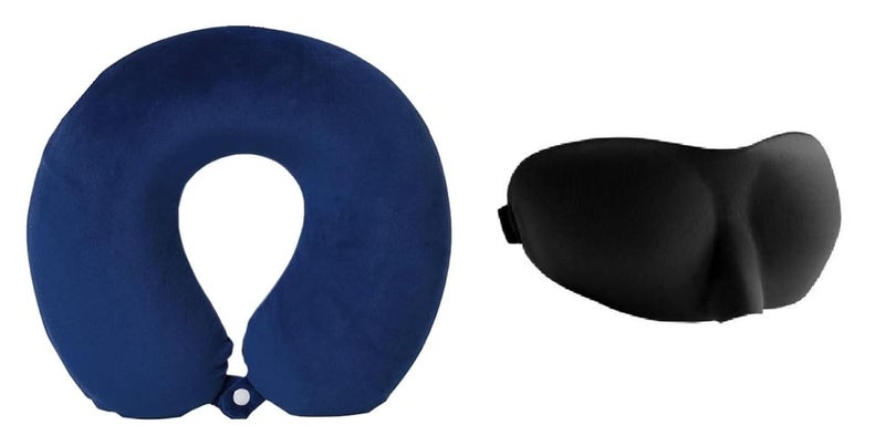 Inditradition Memory Foam U-Shape Travel Neck Pillow with 3D Eye Mask (Combo Pack) - Navy Blue/Black - Image 1