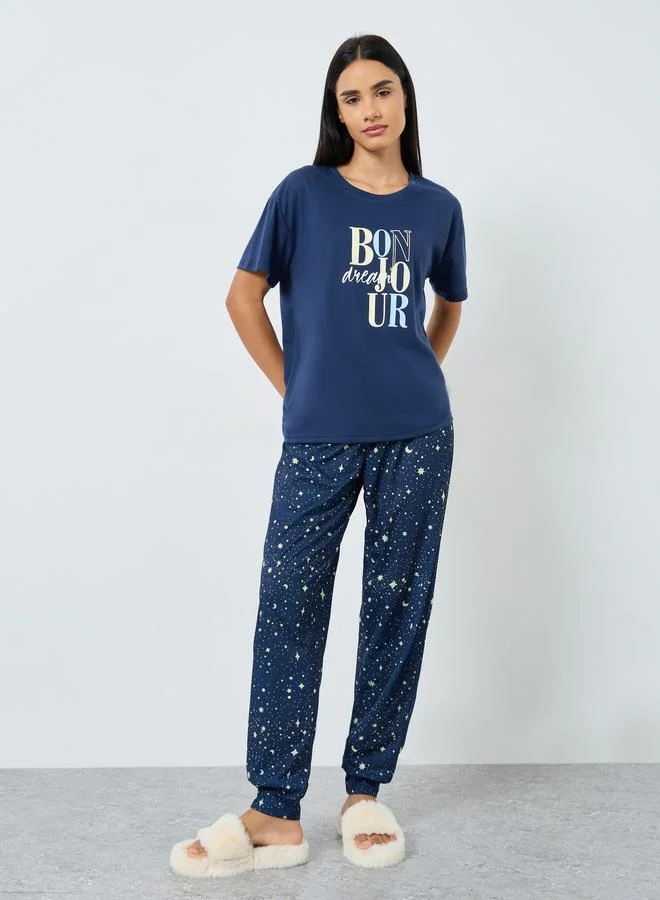 Styli Styli Bonjour Graphic T-Shirt and Cuffed Pyjama Set