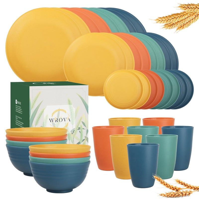 Wrova 40Pack plates and bowls sets for kids - Unbreakable wheat straw dinnerware sets of 40 - Alternative plastic 40pcs dish sets for kitchen, camping and indoors dinning - (Colorful) - Image 1