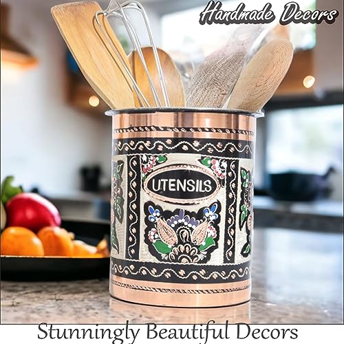 Vissmarta Handmade Copper Mexican Talavera Utensil Holder Pottery Crock Caddy Pot for Kitchen Decorative Accessories Decor Counter Cooking Countertop Organizer Spoon Home Farmhouse Vintage Fancy Decor - Image 4