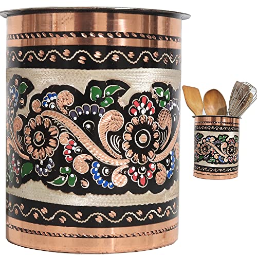 Vissmarta Handmade Copper Mexican Talavera Utensil Holder Pottery Crock Caddy Pot for Kitchen Decorative Accessories Decor Counter Cooking Countertop Organizer Spoon Home Farmhouse Vintage Fancy Decor - Image 1