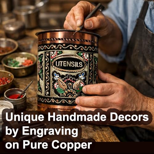 Vissmarta Handmade Copper Mexican Talavera Utensil Holder Pottery Crock Caddy Pot for Kitchen Decorative Accessories Decor Counter Cooking Countertop Organizer Spoon Home Farmhouse Vintage Fancy Decor - Image 2