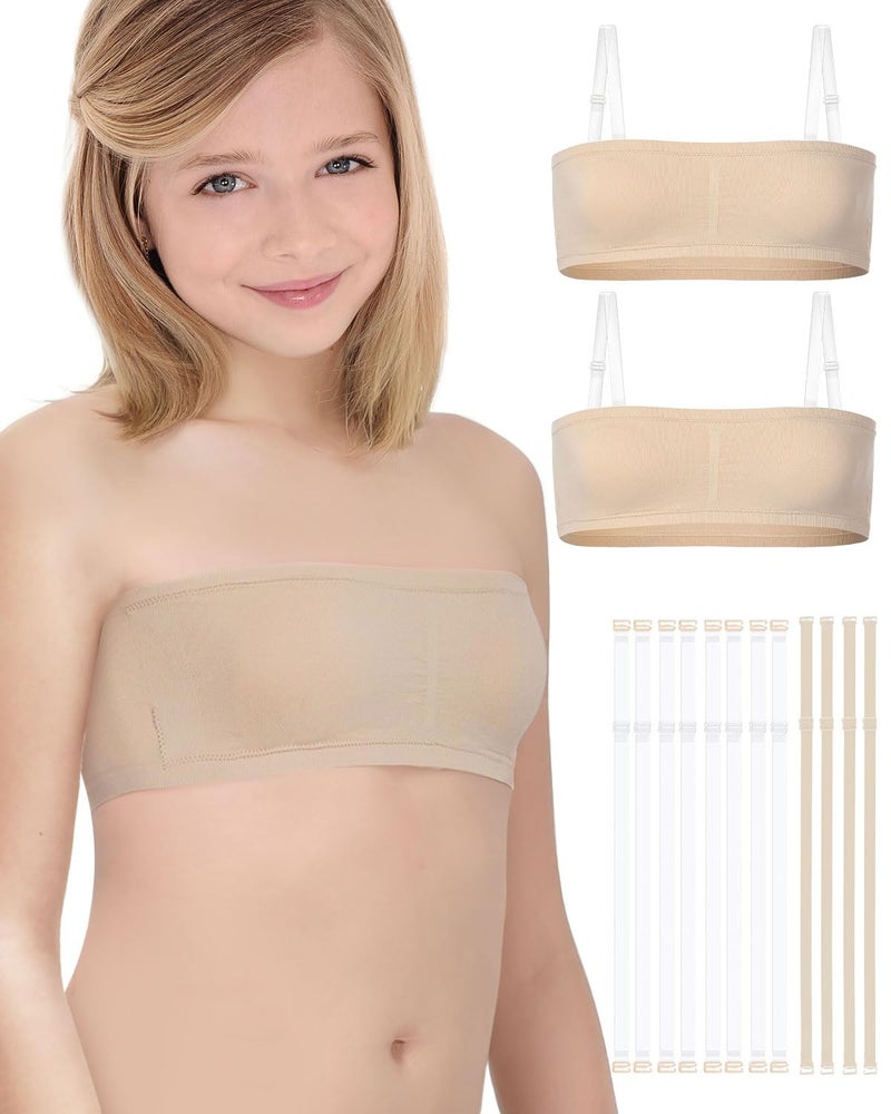 iMucci 2Pack Girl Dance Bra Girls Bandeau Bra Seamless Clear Strap Training Bras for Girls Sports Tube Top with 2 Pairs Adjustable Clear and Beige Straps 7-16Y - Image 1