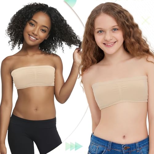 iMucci 2Pack Girl Dance Bra Girls Bandeau Bra Seamless Clear Strap Training Bras for Girls Sports Tube Top with 2 Pairs Adjustable Clear and Beige Straps 7-16Y - Image 4