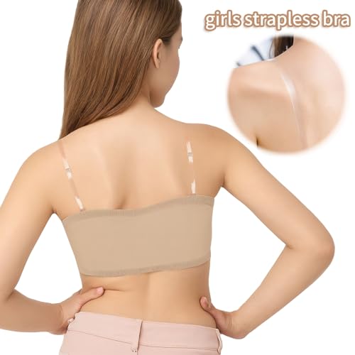 iMucci 2Pack Girl Dance Bra Girls Bandeau Bra Seamless Clear Strap Training Bras for Girls Sports Tube Top with 2 Pairs Adjustable Clear and Beige Straps 7-16Y - Image 3