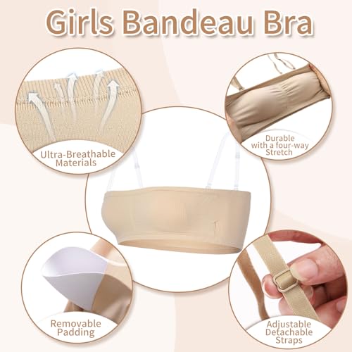 iMucci 2Pack Girl Dance Bra Girls Bandeau Bra Seamless Clear Strap Training Bras for Girls Sports Tube Top with 2 Pairs Adjustable Clear and Beige Straps 7-16Y - Image 5