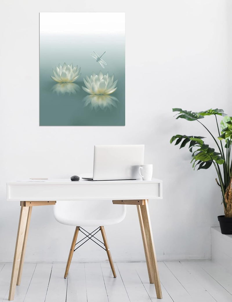 HVEST Dragonfly with Water Lily Flowers Canvas Wall Zen Spa Picture Printed Artwork - Image 2