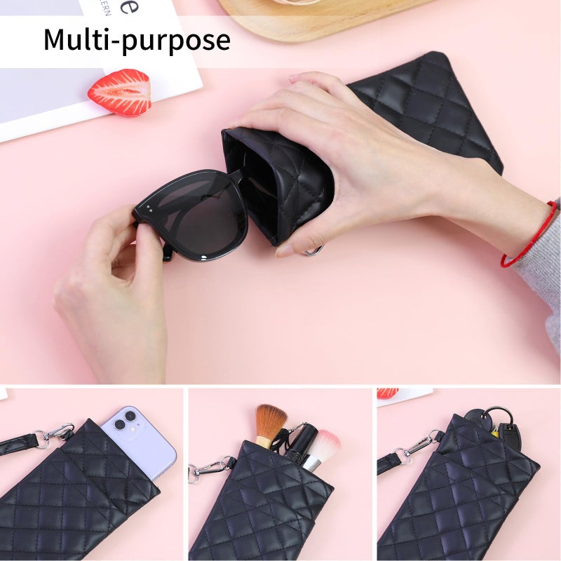FlyingMage Double Eyeglass Case Soft Dual Glasses Case for Women Men Travel Squeeze Top Sunglasses Cases Eyeglasses Pouch (2, Black+Brown Lanyard) - Image 5