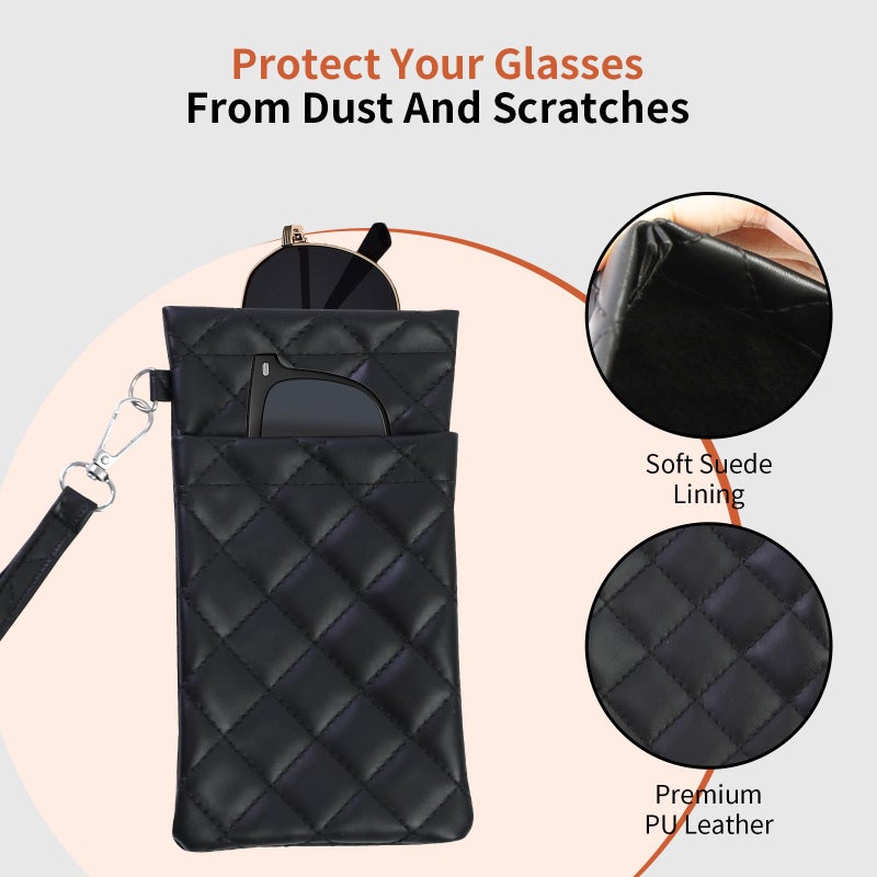 FlyingMage Double Eyeglass Case Soft Dual Glasses Case for Women Men Travel Squeeze Top Sunglasses Cases Eyeglasses Pouch (2, Black+Brown Lanyard) - Image 3