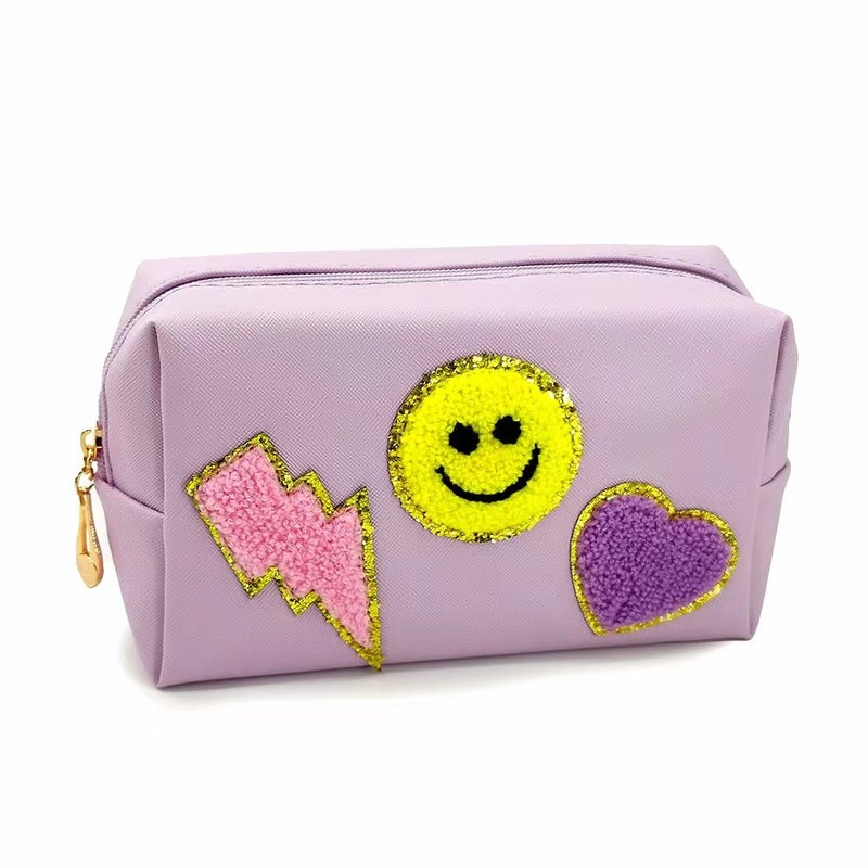 New Smiley Embroidered Towel Makeup Bag for WomenLightning smile purple Lightning smile purple