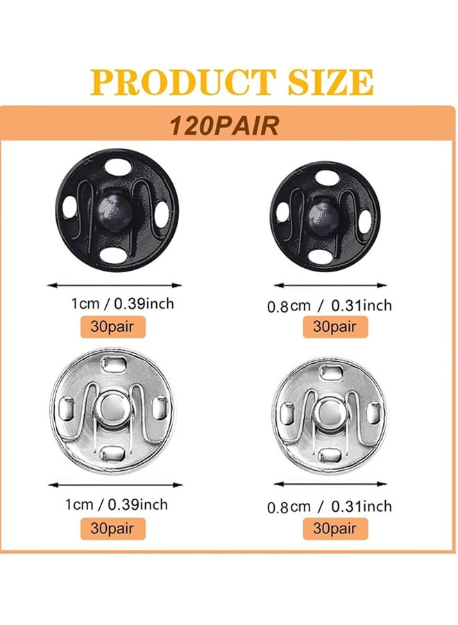 Sewing Snaps,Sew-on Snap Buttons Metal Snaps Fasteners Press Studs Buttons for Sewing，Black and Silver,120 Sets 8 mm and 10 mm - Image 4