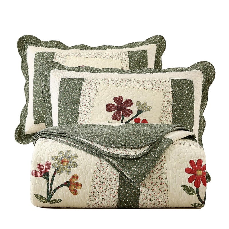 vctops vctops Farmhouse Green 3 Piece Embroidered Floral Quilted Bedspread Quilt Set 100 Cotton Reversible Patchwork Coverlet Set 1 Quilt and 2 Pillow Shams GreenQueen 