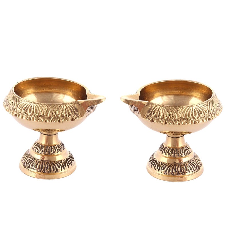 Artshai Designer Brass 23 inch Pooja Jyoti Diya Brass Oil lamp Diya Indian Pooja deep Set 2 Pcs - Image 1