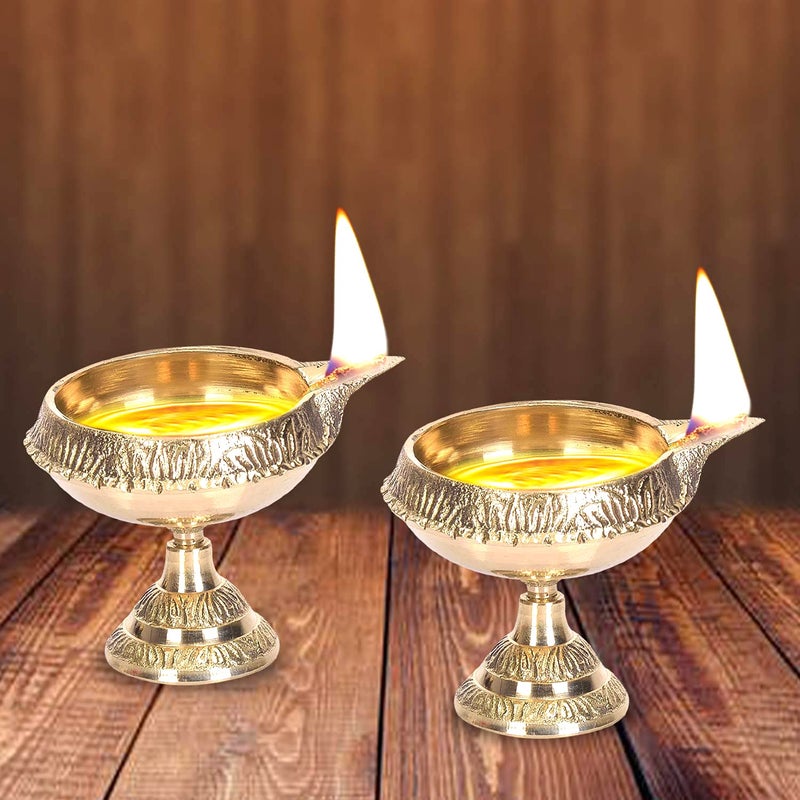Artshai Designer Brass 23 inch Pooja Jyoti Diya Brass Oil lamp Diya Indian Pooja deep Set 2 Pcs - Image 2