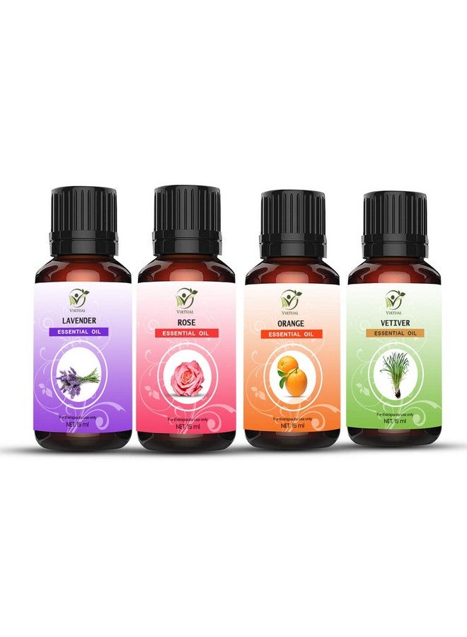 مجموعة VIRTUAL® من 4 زيوت أساسية - 15 مل لكل منها (60 مل إجماليًا) (زيوت الورد، نجيل الهند، البرتقال، اللافندر)