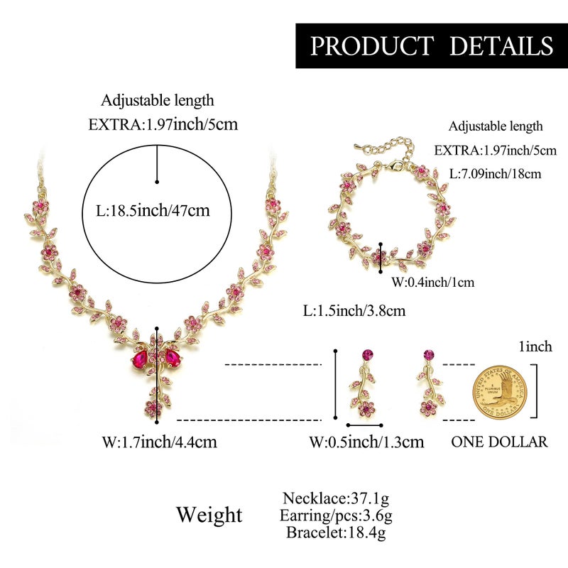 BriLove Women's Wedding Jewelry Set Leaf Cluster Flower Crystal Dangle Earrings Pendant Necklace Link Bracelet for Bridal Bride Pink - Image 5