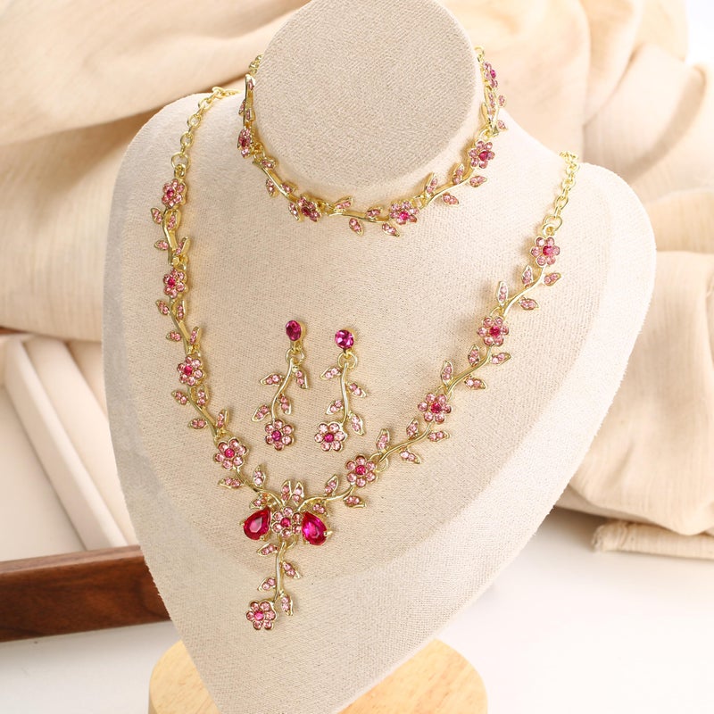 BriLove Women's Wedding Jewelry Set Leaf Cluster Flower Crystal Dangle Earrings Pendant Necklace Link Bracelet for Bridal Bride Pink - Image 4
