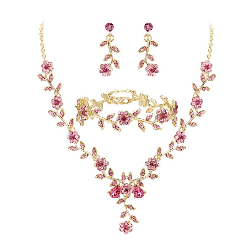 BriLove Women's Wedding Jewelry Set Leaf Cluster Flower Crystal Dangle Earrings Pendant Necklace Link Bracelet for Bridal Bride Pink - Image 1
