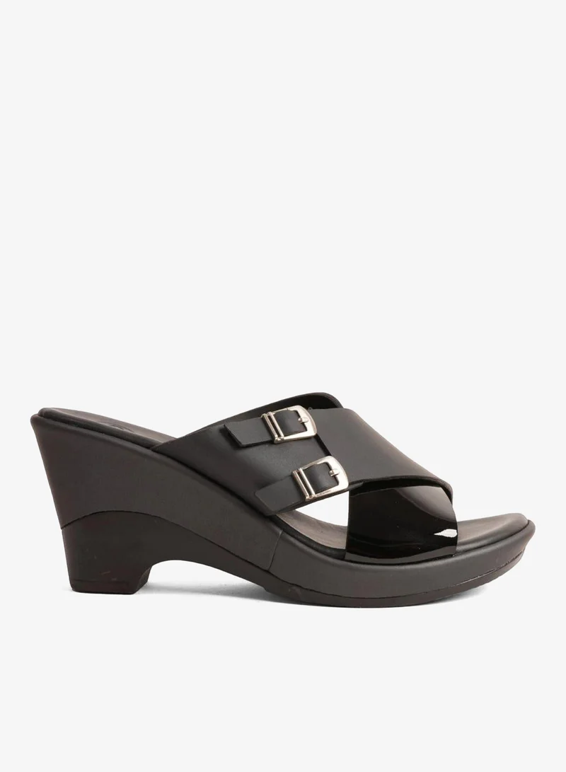 Comfort Plus COMFORT PLUS WEDGE MULES WITH DOUBLE BUCKLE BLACK
