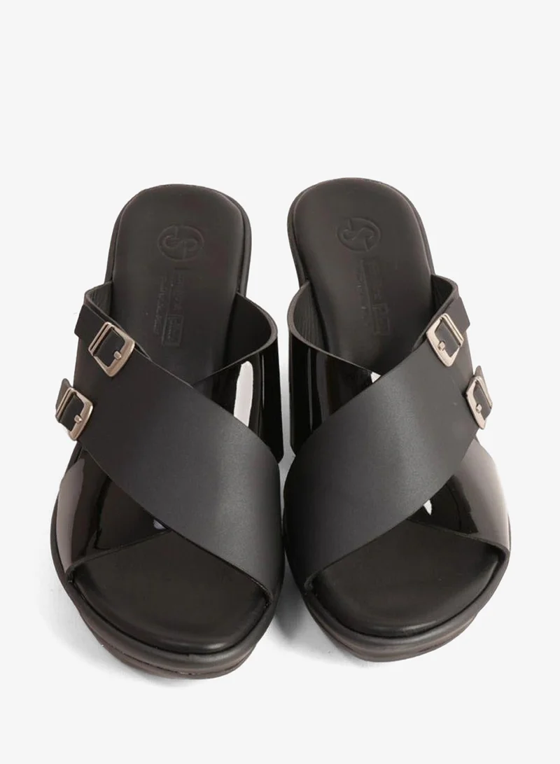 Comfort Plus  COMFORT PLUS WEDGE MULES WITH DOUBLE BUCKLE BLACK for Women | Best Price UAE