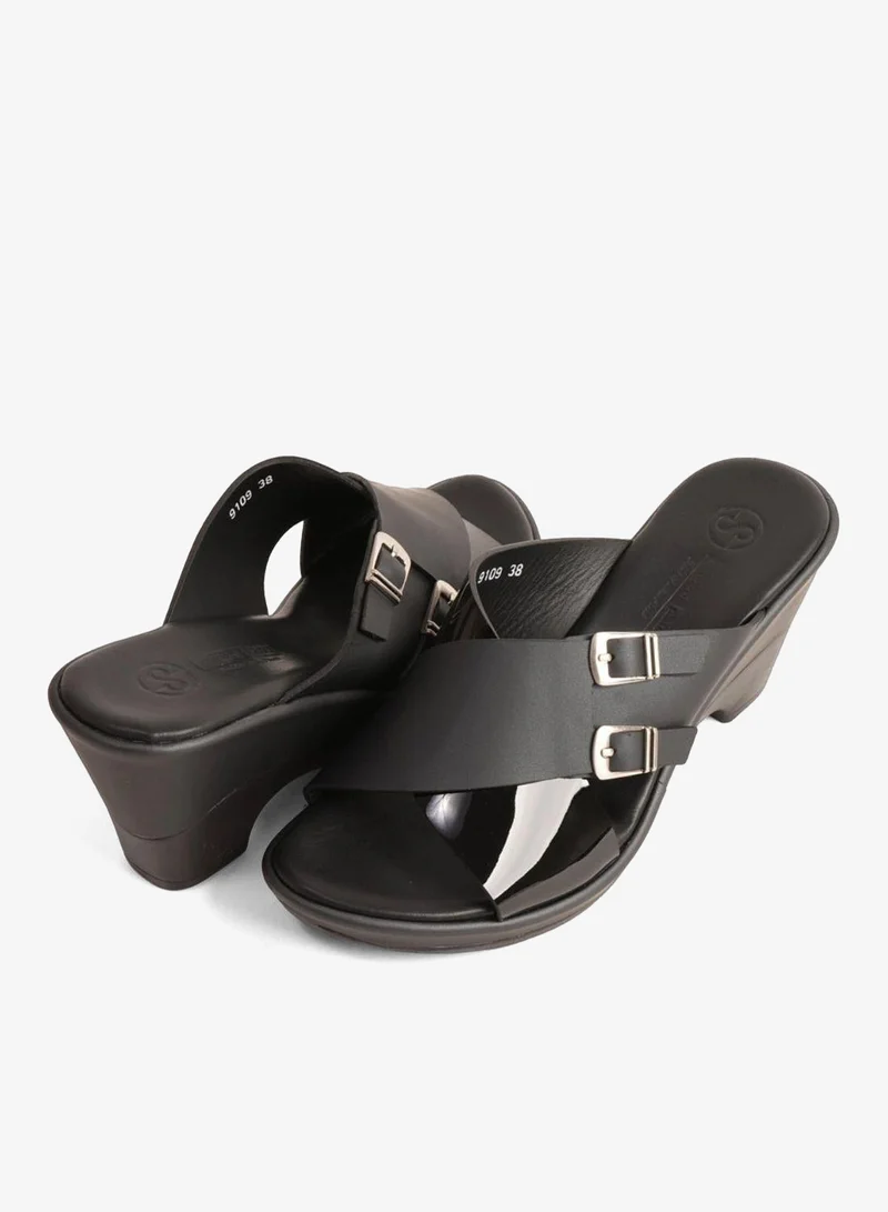 Comfort Plus  COMFORT PLUS WEDGE MULES WITH DOUBLE BUCKLE BLACK for Women | Best Price UAE
