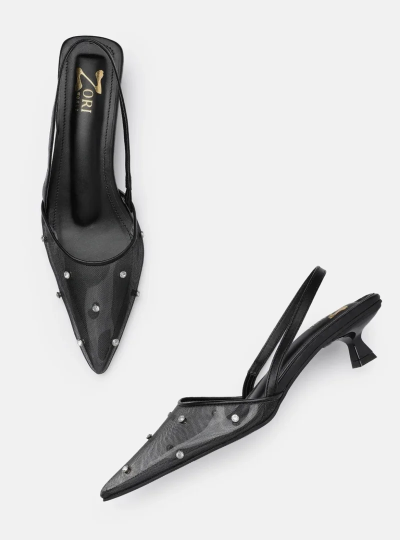 Zoriworld  Twilight Slingback Kitten Heels Black Mesh Crystal Embellished 2.5 Inch Heeled Pointed Toe For Work, Dinners, or Special Occasions for Women | Best Price UAE