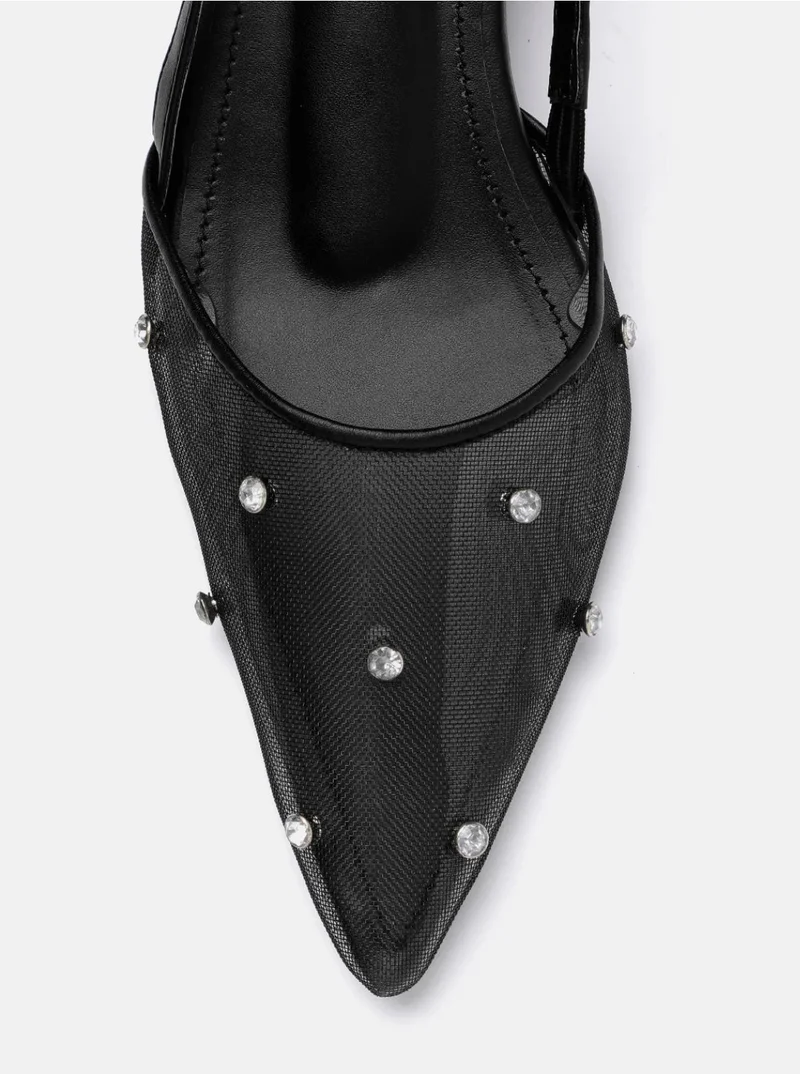 Zoriworld  Twilight Slingback Kitten Heels Black Mesh Crystal Embellished 2.5 Inch Heeled Pointed Toe For Work, Dinners, or Special Occasions for Women | Best Price UAE