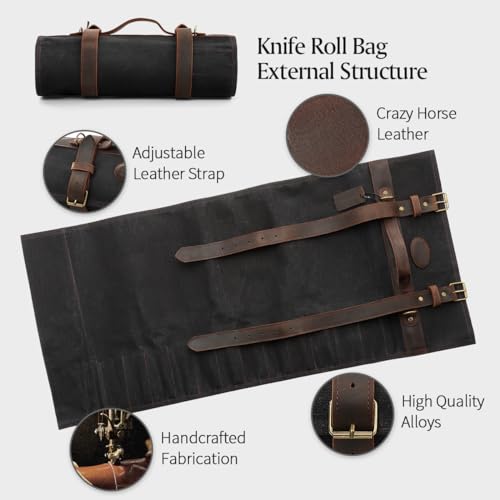XINZUO Chef Knife Roll Bag Professional,16oz Waxed Canvas and Crazy Horse Leather,12 Slots Plus 2 Zipper Pockets,Adjustable Shoulder Strap-Travel Tool Roll Pouch(Bag Only) - Image 4
