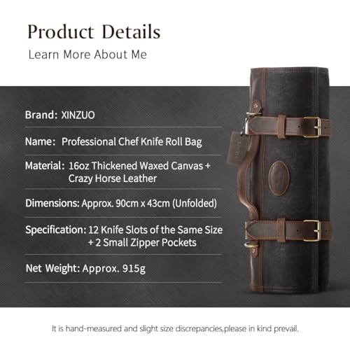 XINZUO Chef Knife Roll Bag Professional,16oz Waxed Canvas and Crazy Horse Leather,12 Slots Plus 2 Zipper Pockets,Adjustable Shoulder Strap-Travel Tool Roll Pouch(Bag Only) - Image 2