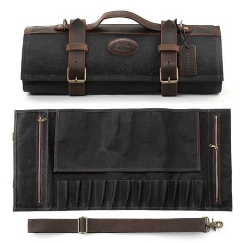 XINZUO Chef Knife Roll Bag Professional,16oz Waxed Canvas and Crazy Horse Leather,12 Slots Plus 2 Zipper Pockets,Adjustable Shoulder Strap-Travel Tool Roll Pouch(Bag Only) - Image 1