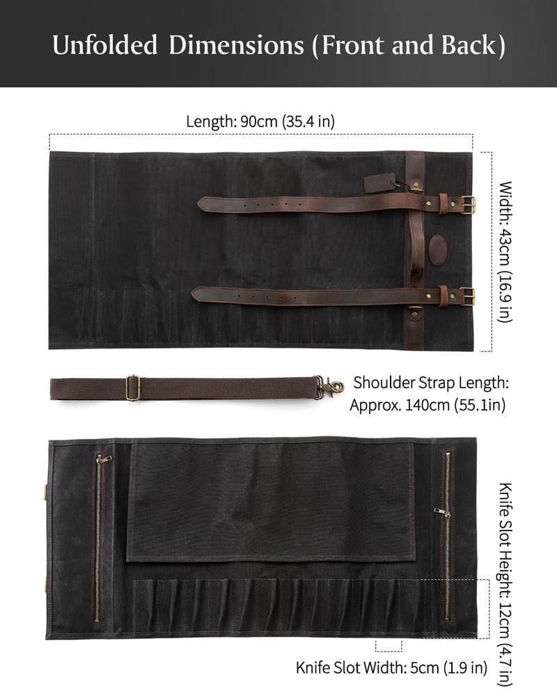 XINZUO Chef Knife Roll Bag Professional,16oz Waxed Canvas and Crazy Horse Leather,12 Slots Plus 2 Zipper Pockets,Adjustable Shoulder Strap-Travel Tool Roll Pouch(Bag Only) - Image 5