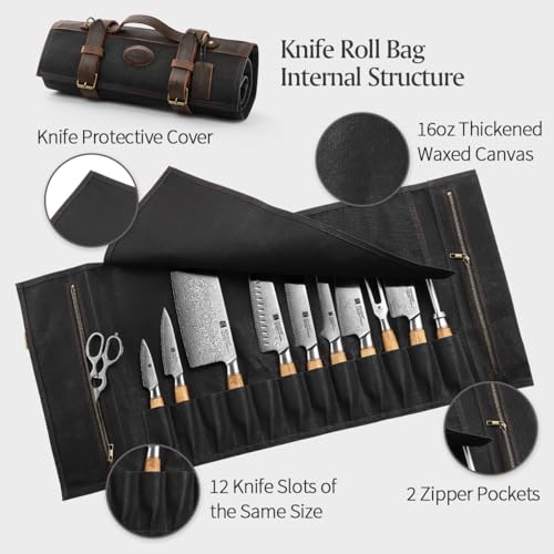 XINZUO Chef Knife Roll Bag Professional,16oz Waxed Canvas and Crazy Horse Leather,12 Slots Plus 2 Zipper Pockets,Adjustable Shoulder Strap-Travel Tool Roll Pouch(Bag Only) - Image 3