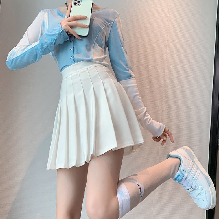 A-Line Pleated Dress Skirt with Safety Shorts for Women White