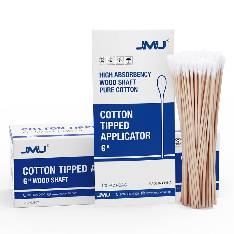 JMU 500 Count 6 Inch Long Cotton Swabs with Wooden Sticks, Lint Free, Highly Absorbent Cotton Tipped Applicators for Makeup, Pet Care & Home Cleaning - Image 1