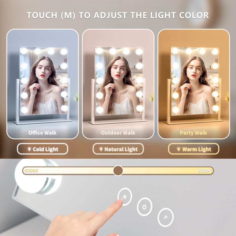 NUSVAN Vanity Makeup Mirror with Lights,3 Color Lighting Modes Detachable 10X Magnification Mirror Touch Control,360Â°Rotation, White (14.6Inch) - Image 2