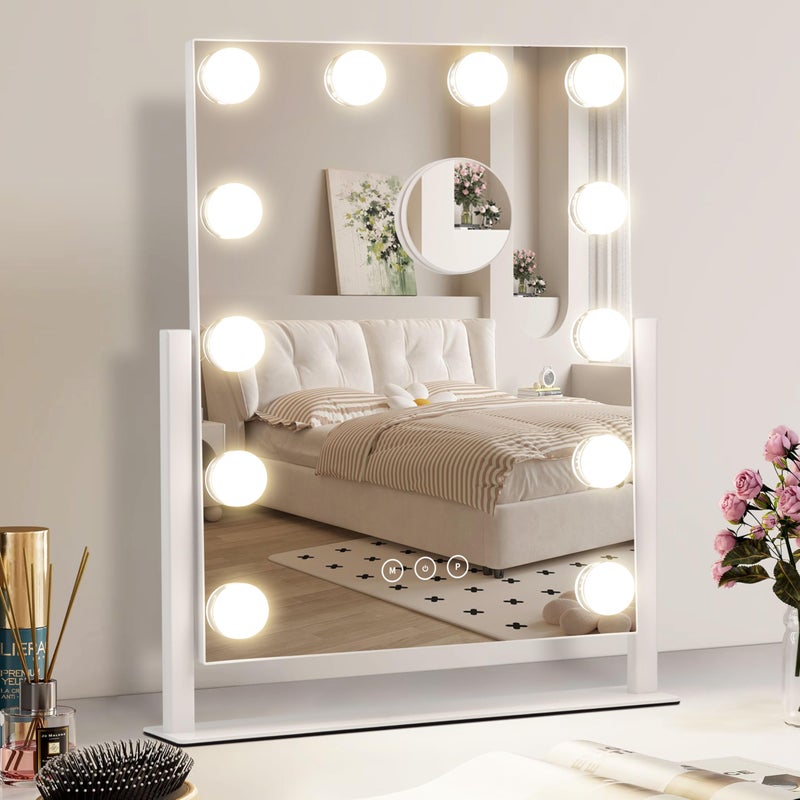 NUSVAN Vanity Makeup Mirror with Lights,3 Color Lighting Modes Detachable 10X Magnification Mirror Touch Control,360Â°Rotation, White (14.6Inch) - Image 1