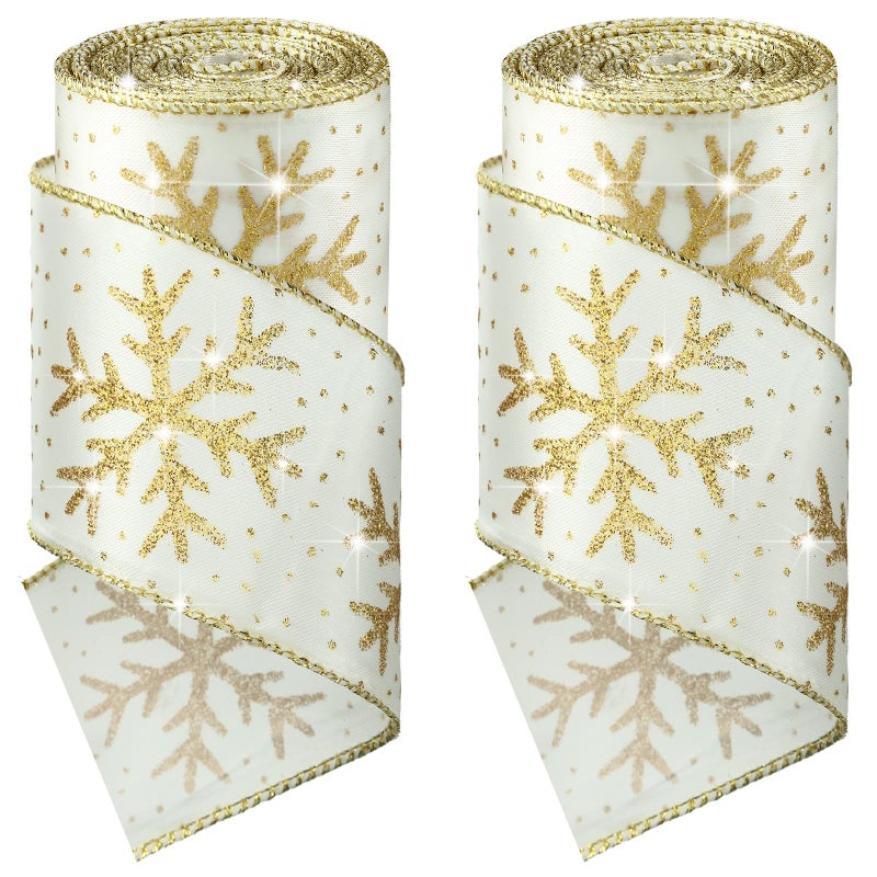 Xinnun Christmas Snowflake Wired Ribbon 25 Inches 2 Rolls Satin Glittered Snowflake Wired Edge Christmas Ribbon for Tree Gift Wrapping Home Decorations Bow DIY Craft12 YardWhite Gold