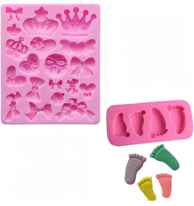 Husaini Mart HUSAINI MART Pack of 2 4 Cavity Baby FEET Mold 1 Crown Heart Silicone Mold Baby Shower Cake Topper DIY Decoration Birthday Party Tool for Sugarcraft Chocolate Candle Soap  - Image 1
